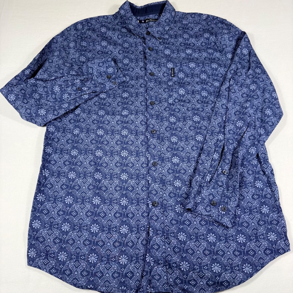 Ben Sherman Button‎ Down Shirt XL Blue Geometric Floral Tile Print Cotton Mens